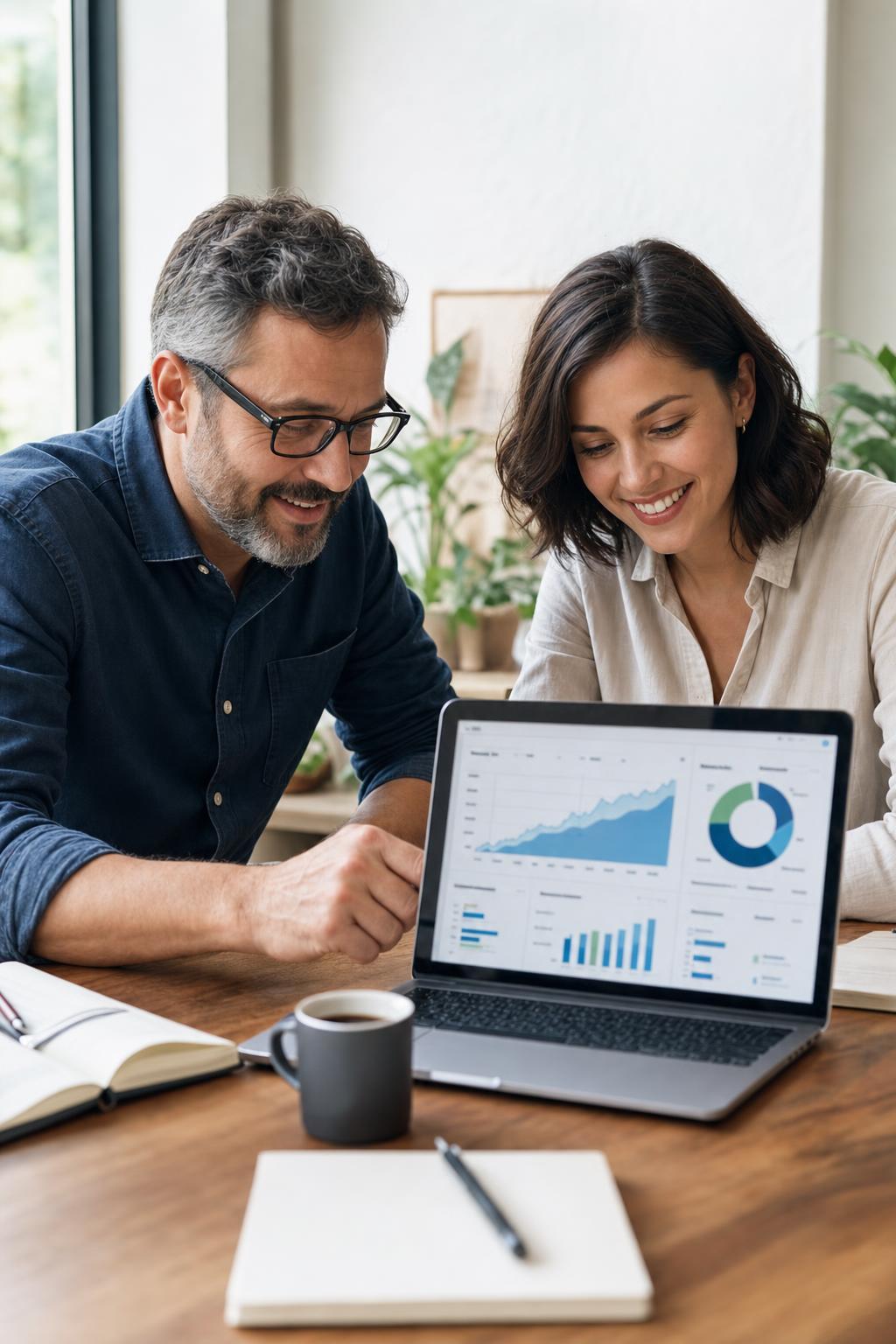 Business owner and marketing consultant reviewing growth data together
