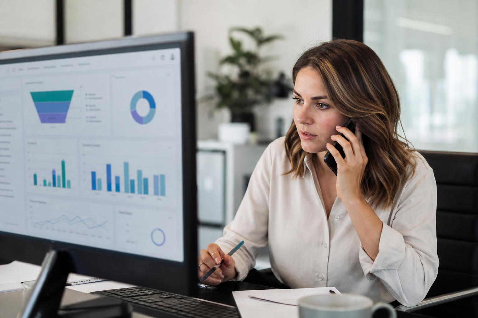 A marketing account manager at a desk troubleshooting an automation dashboard while on a support call, professional office setting