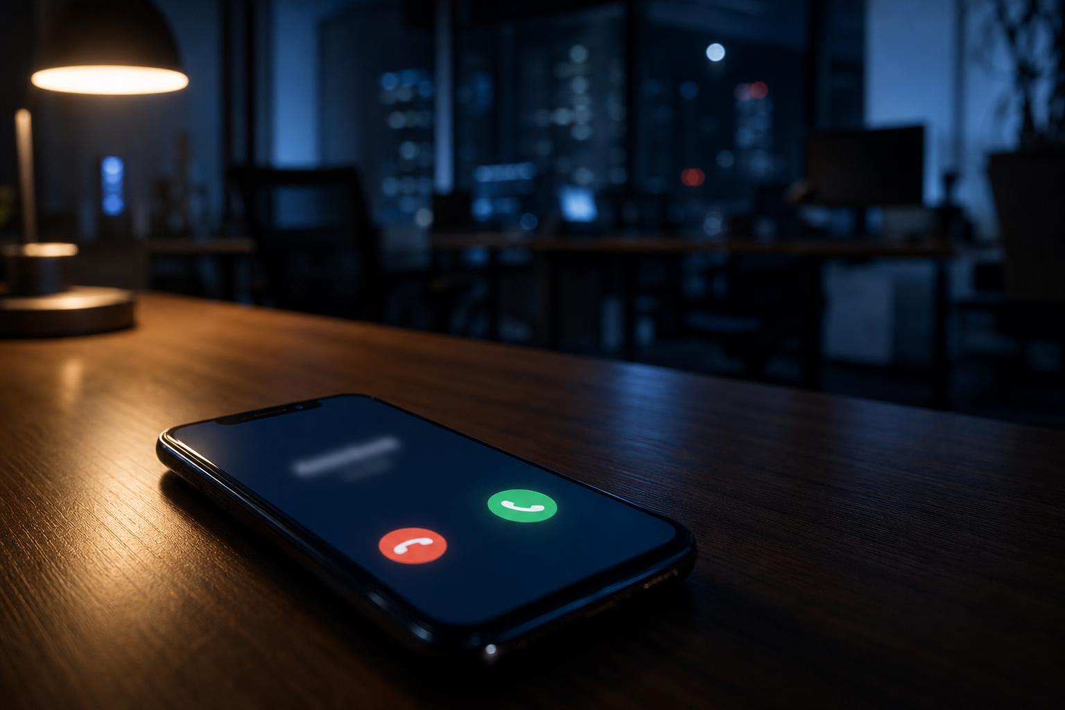 A smartphone screen glowing with an incoming call notification on a desk, representing an after-hours or overflow call reaching the business