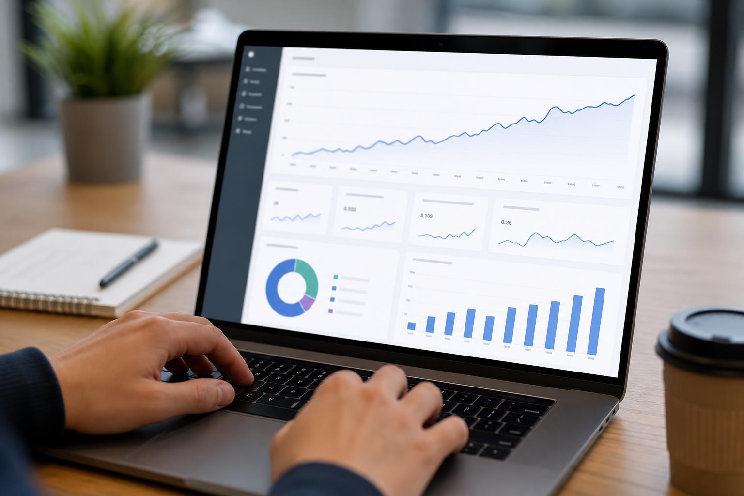 A person's hands typing on a laptop showing an unbranded analytics dashboard with upward-trending line and bar charts