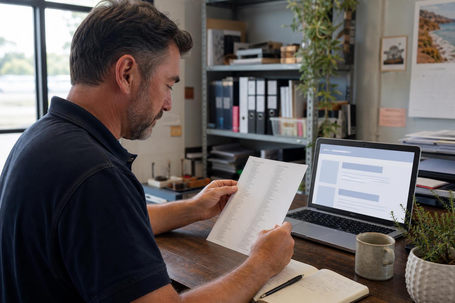 An Australian small business owner reviewing a printed list of directory names alongside a laptop at a small office desk
