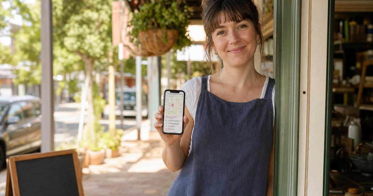 An Australian small business owner standing in the doorway of her shopfront on a suburban high street, holding a smartphone showing a local map search result