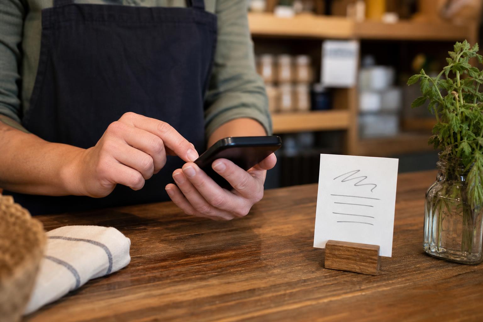 A small business owner's hands typing a text message on a smartphone at a shop counter next to a small opt-in consent form