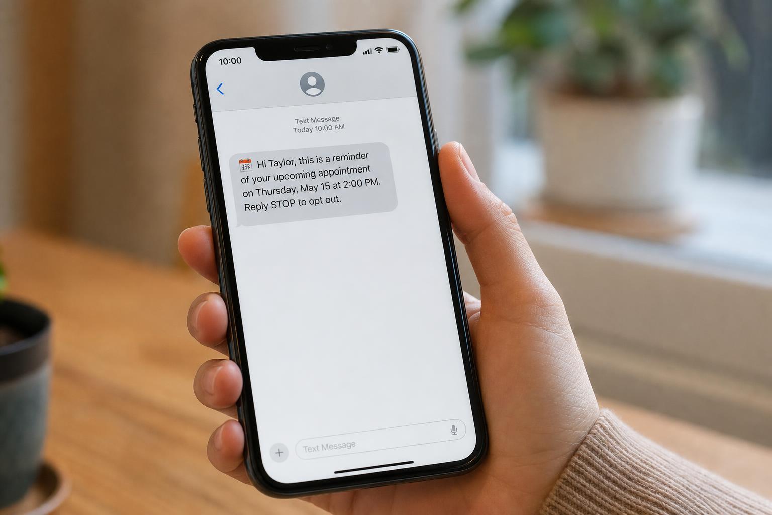 Close-up of a customer's smartphone showing an automated appointment reminder text message