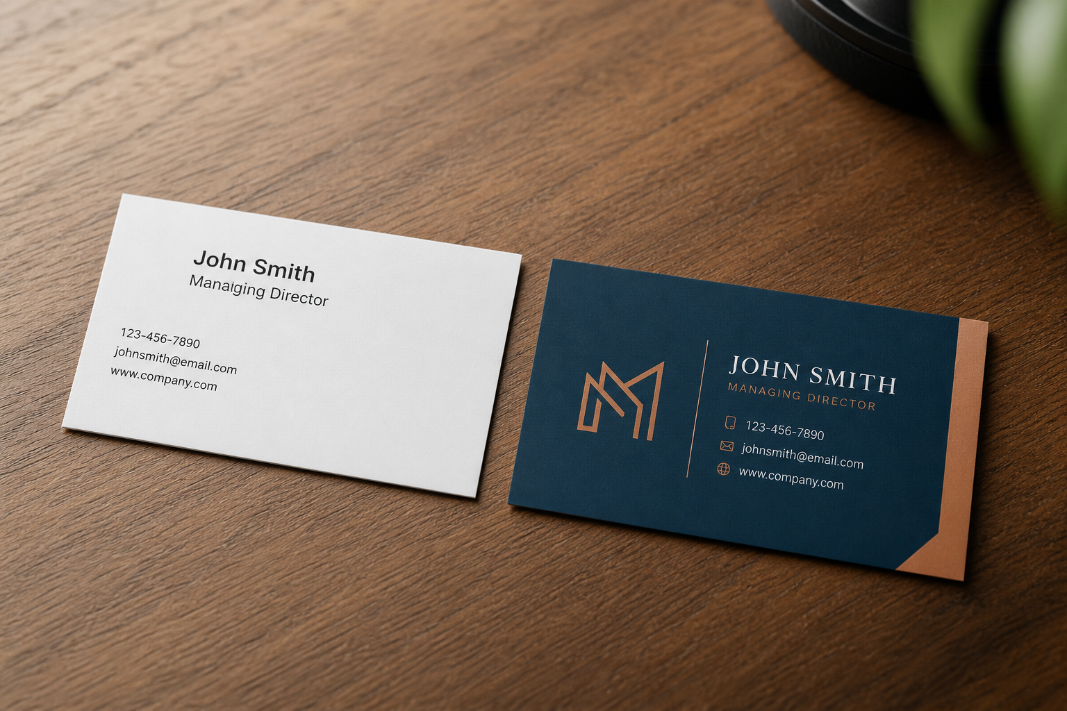 Two business cards side by side, one plain and generic, one professionally designed with a refined logo and color palette