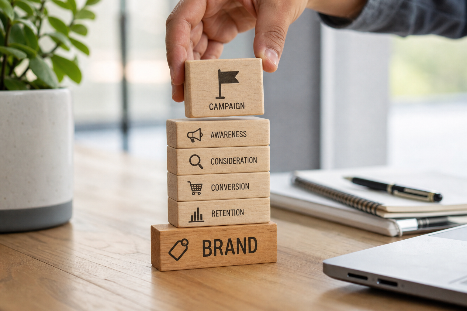 A hand placing a branded wooden block as the foundation beneath a stack of blocks representing a marketing campaign