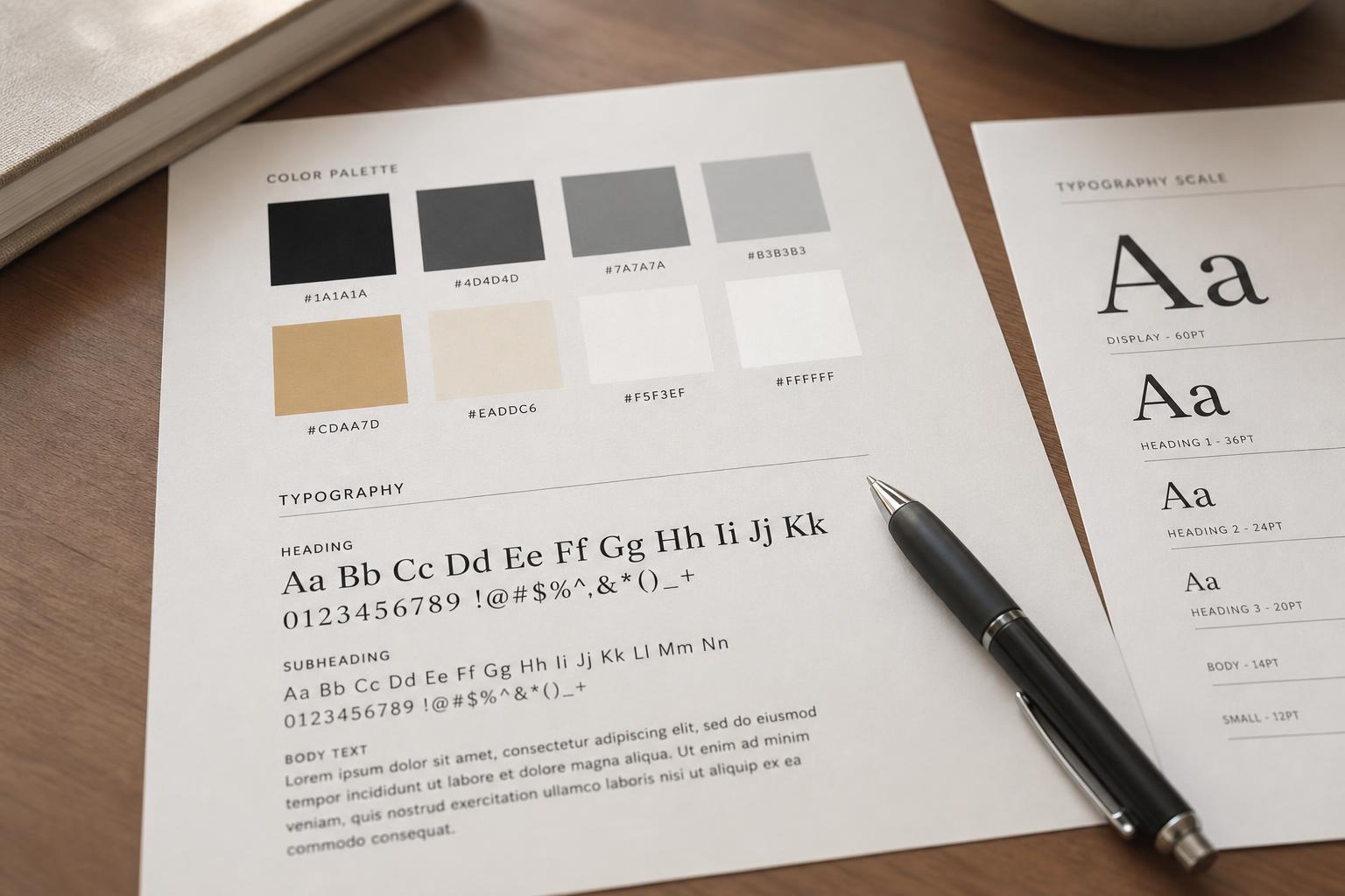A close-up of a printed brand style guide open to a page of color swatches and a typography specimen sheet