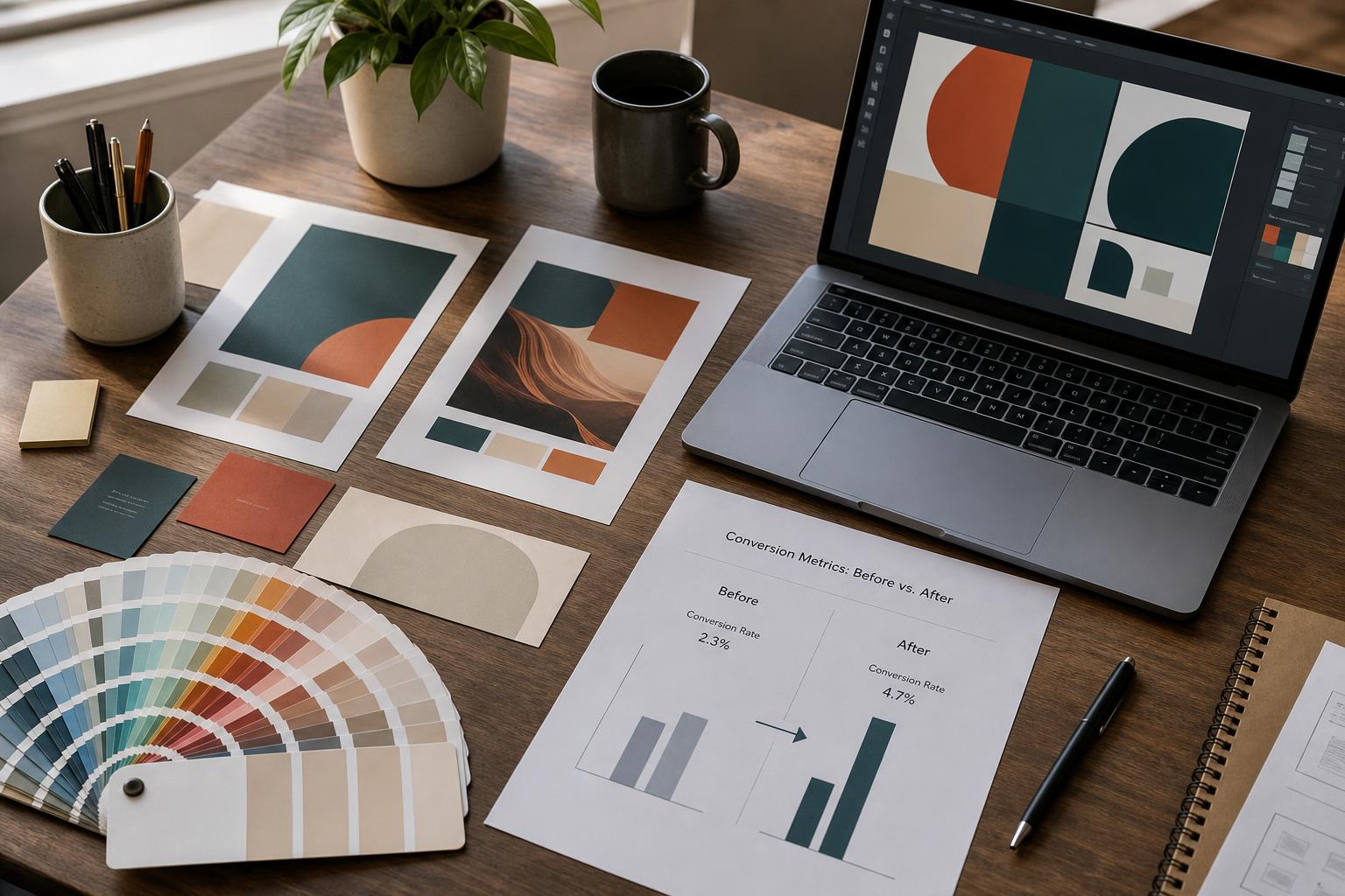 A designer's desk showing brand mood boards, a color palette fan, a laptop displaying a brand style guide, and a printed sheet comparing conversion rate before and after a redesign