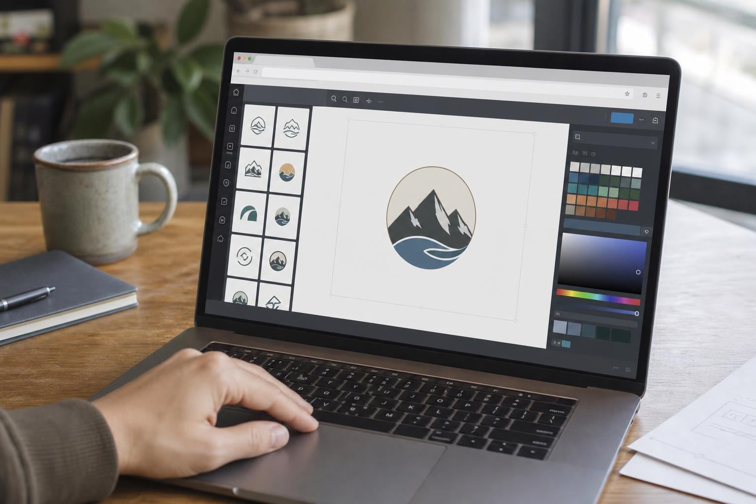 Close-up of a browser-based logo maker interface open on a laptop with template thumbnails and a color swatch panel visible