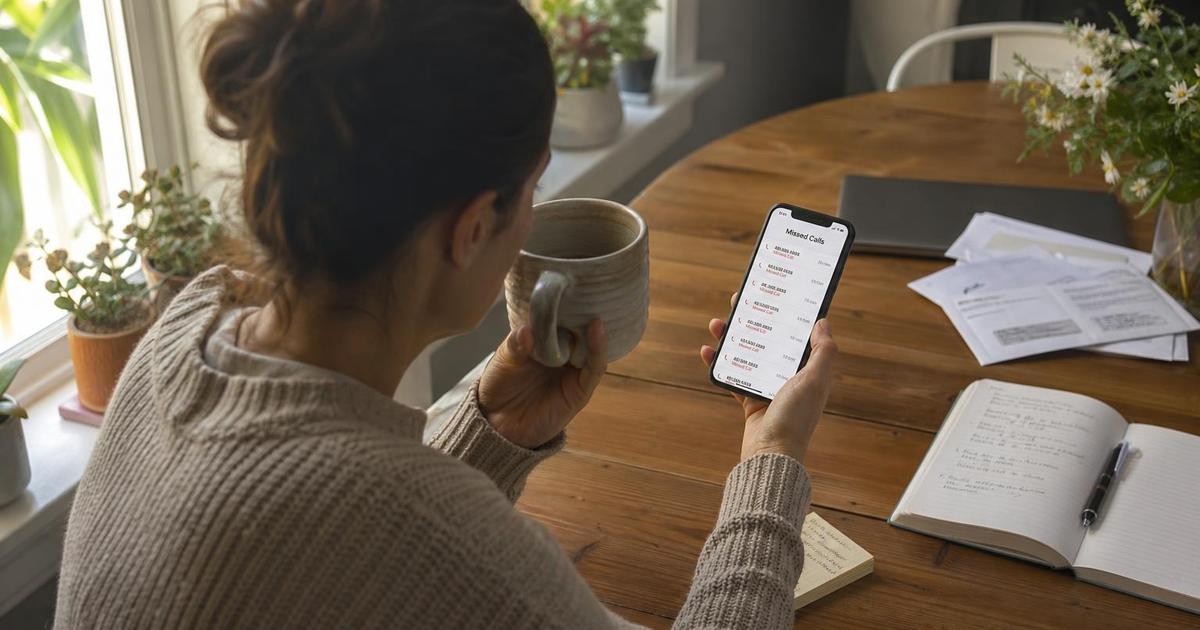 A small business owner at a kitchen table in the morning, scrolling through a list of overnight missed call notifications on a smartphone while holding a coffee mug