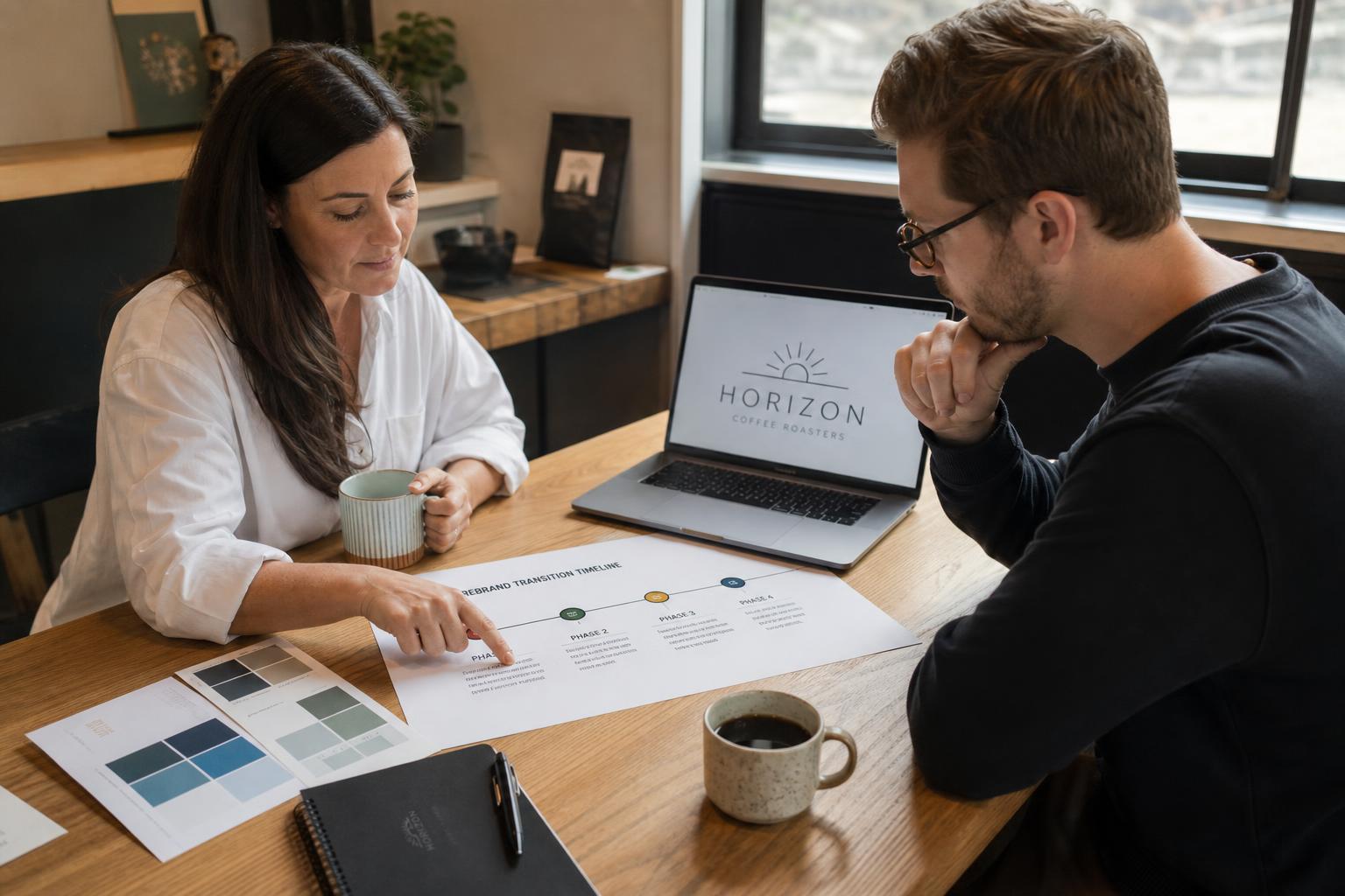 A small business owner and a designer reviewing a printed rebrand transition timeline and brand color swatches at a table