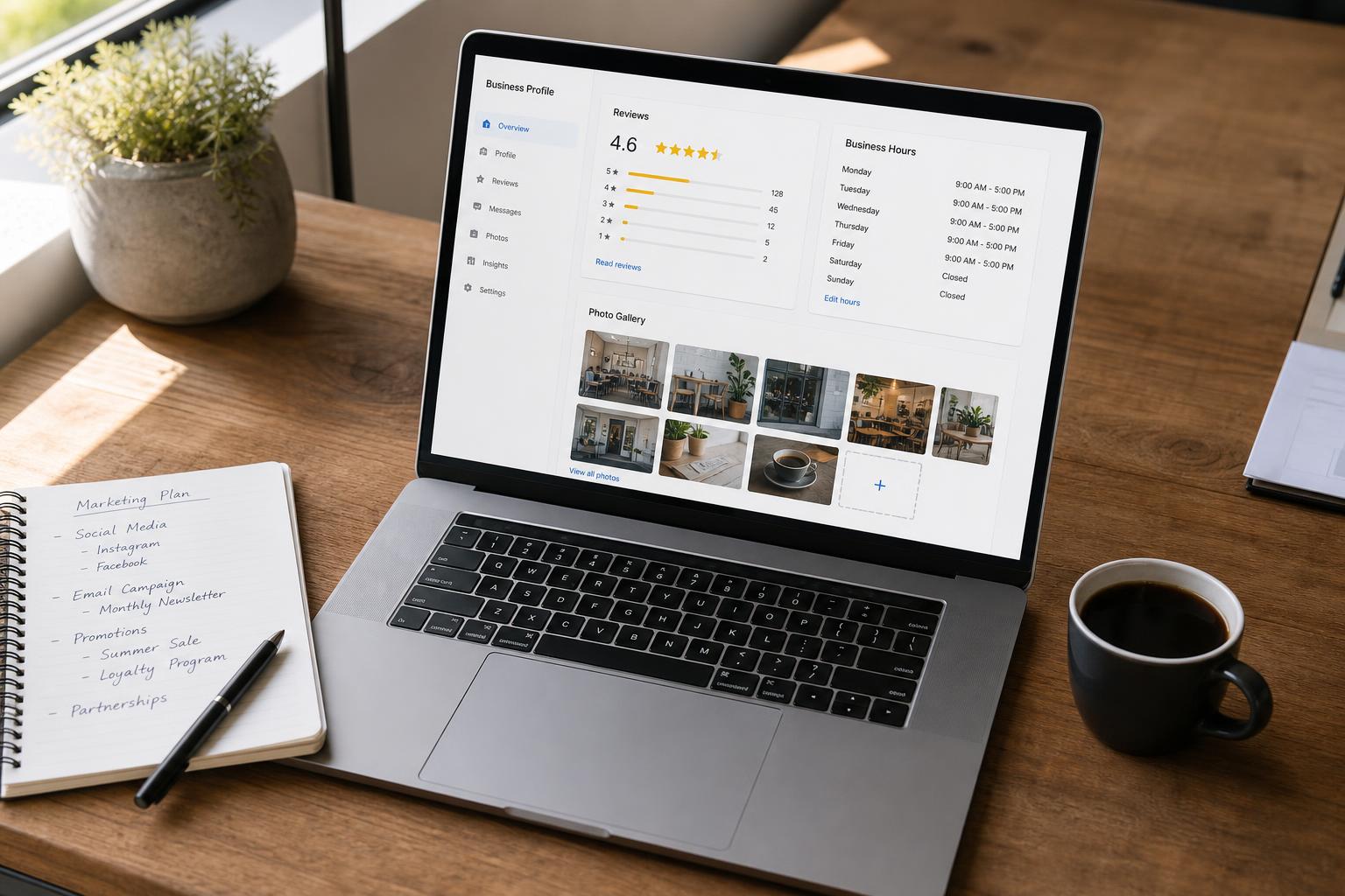 A close-up of a laptop screen showing a generic business profile dashboard with a star rating, business hours panel, and photo gallery