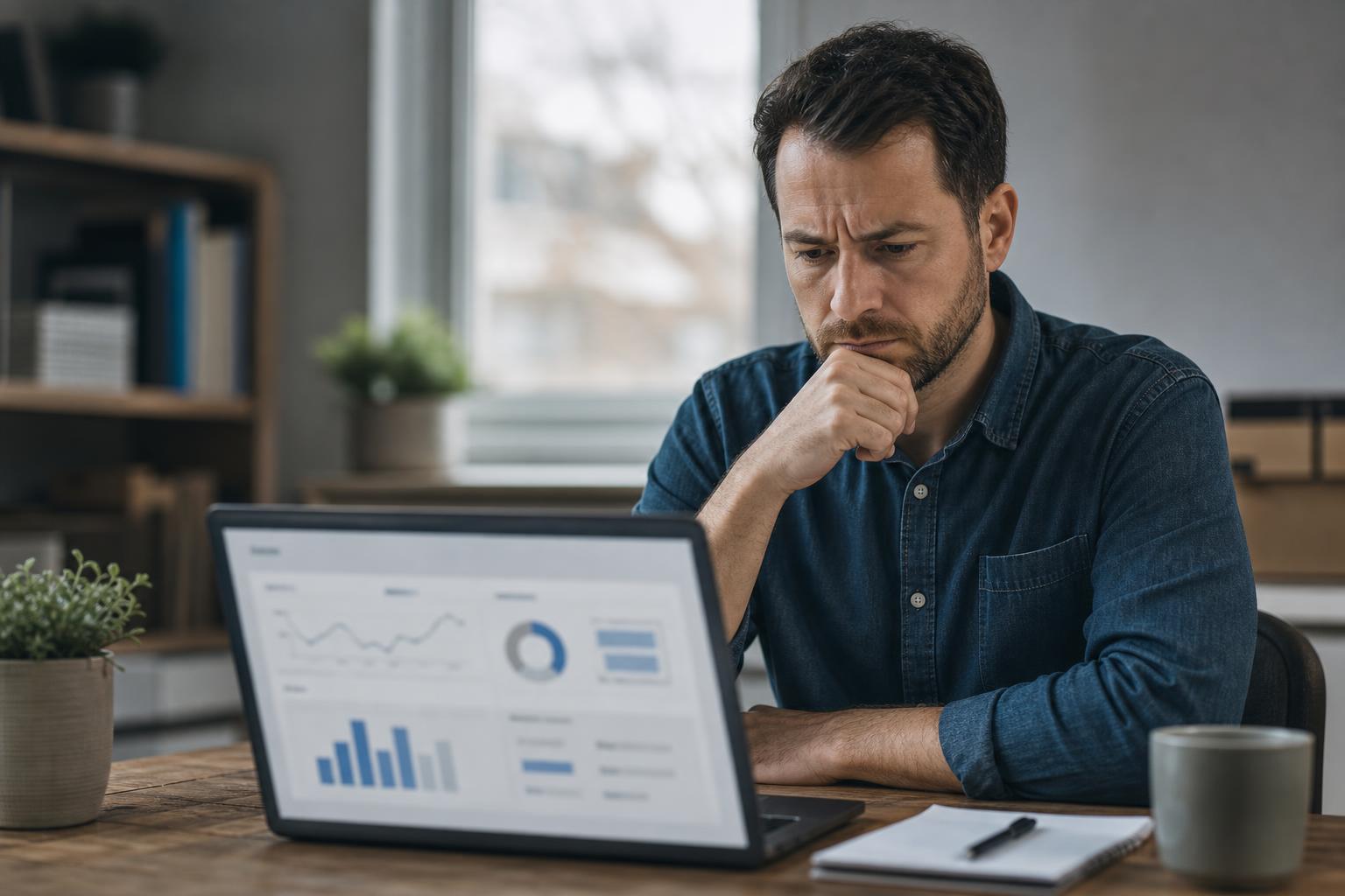 Small business owner alone at a desk, looking concerned at a laptop showing a vague, blurry dashboard