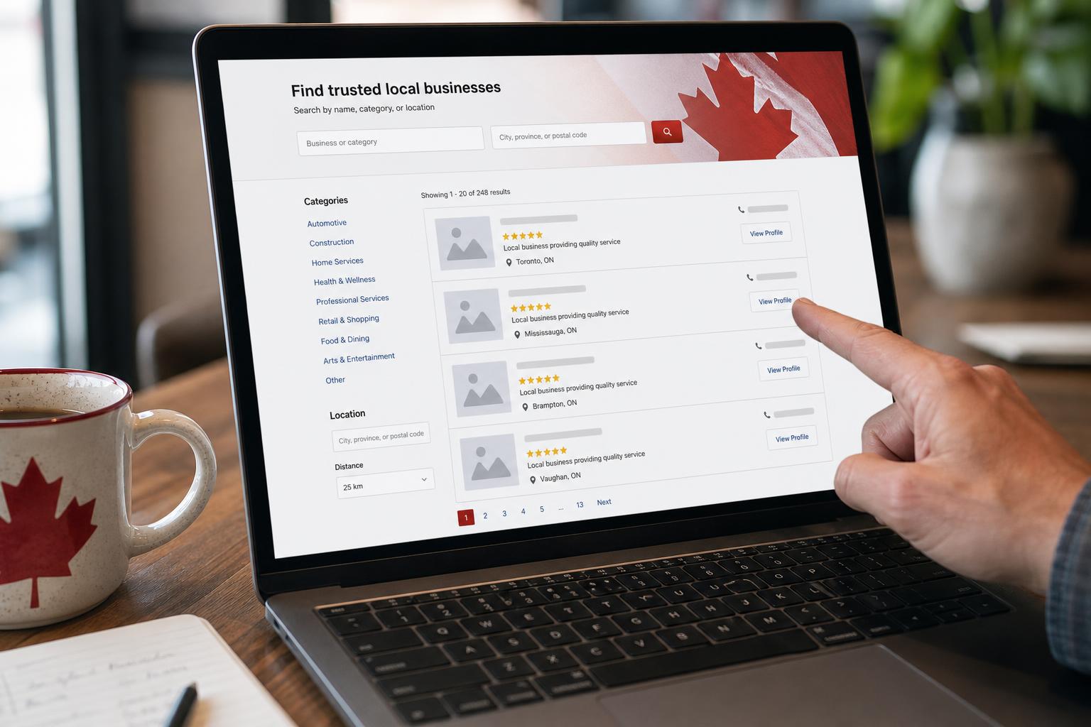 A Canadian small business owner reviewing a business directory listing on a laptop at a desk with a coffee cup nearby