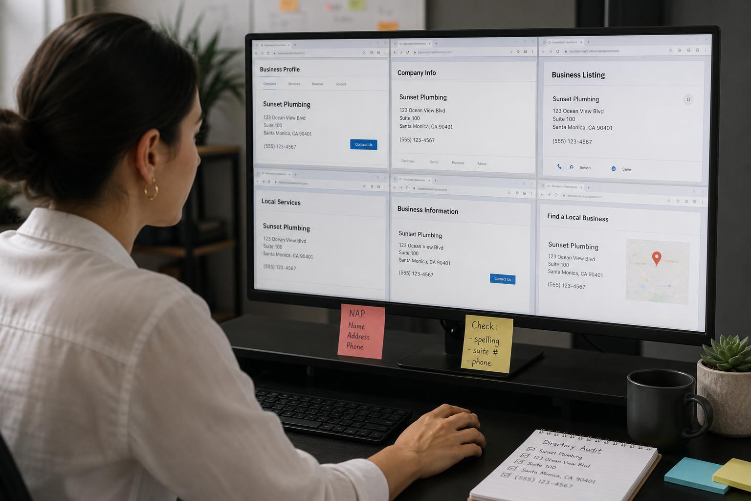 A marketing specialist at a desktop monitor cross-checking a business's name, address, and phone number across several open browser tabs of directory listing pages