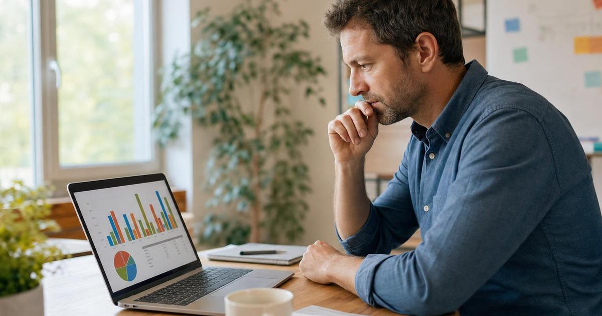 A small business owner reviewing a cost-per-lead report on a laptop at a desk, pointing at a chart