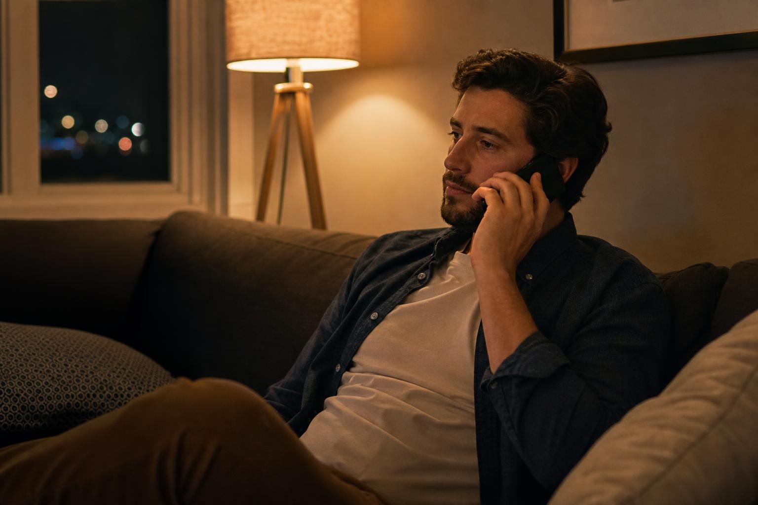 A customer calling a local business at night from home, illustrating an after-hours call an AI voice agent would answer