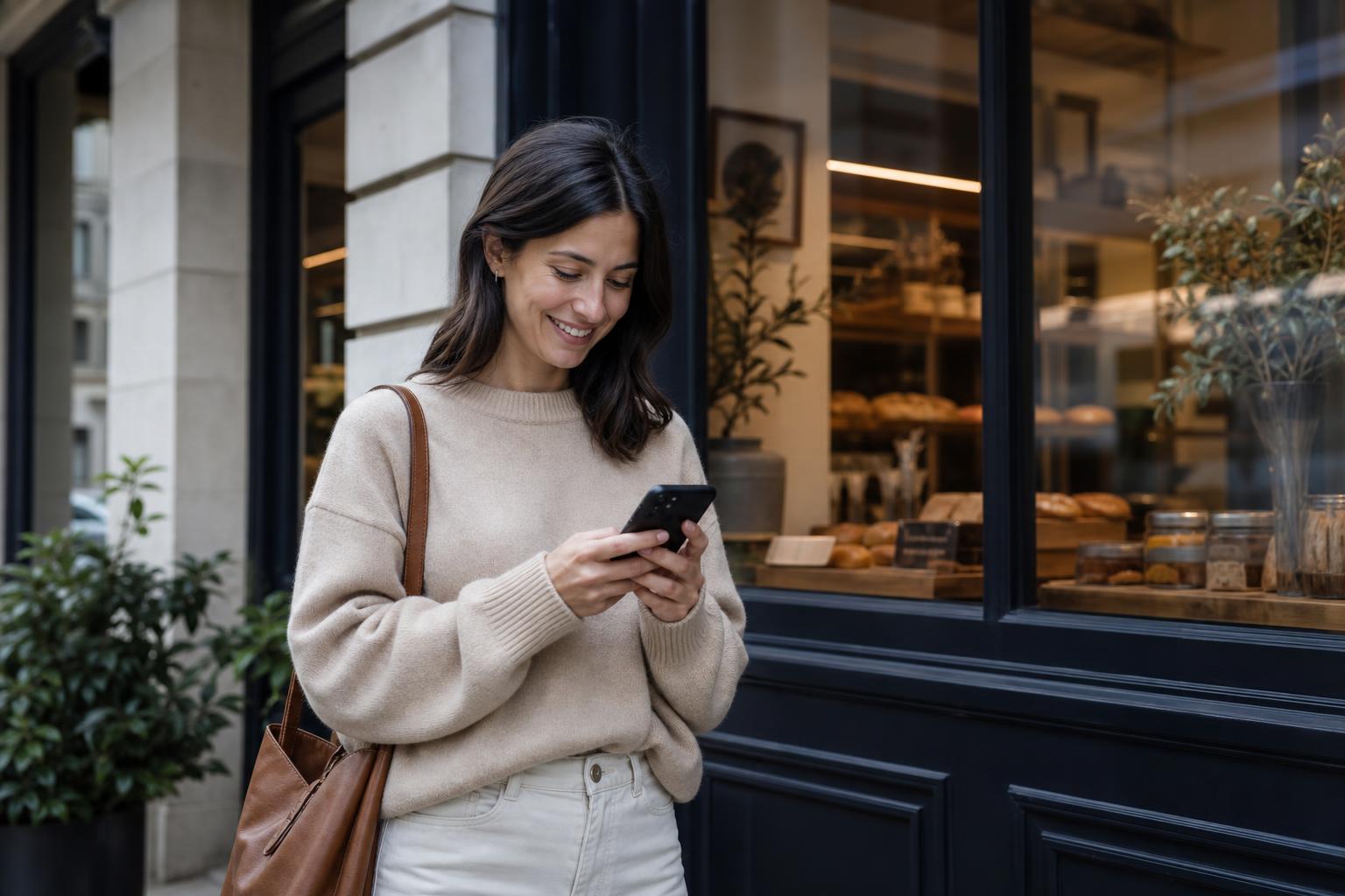 A woman smiling at her phone outside a small storefront bakery, appearing to type a message