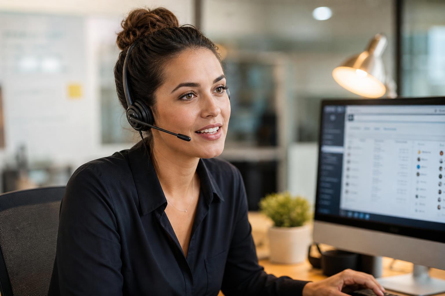 Customer service representative wearing a headset following up on a lead by phone