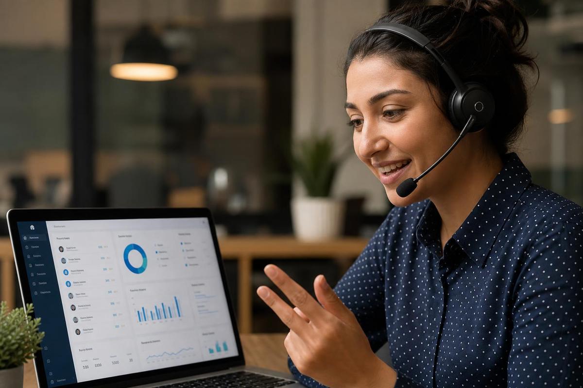 A customer service representative wearing a headset at his desk, following up personally where automation hands off