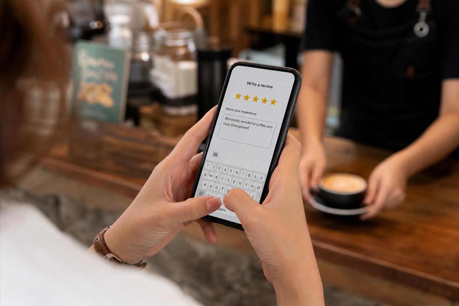 A customer's hand holding a smartphone, writing a five-star review for a local small business with a coffee shop counter blurred in the background