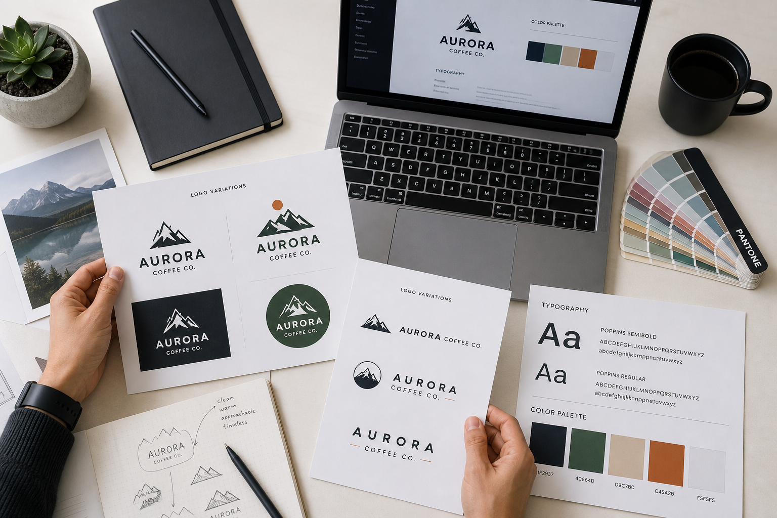 A graphic designer's hands arranging printed logo variation sheets and a color palette board on a desk