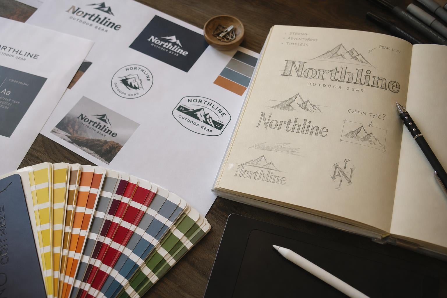 Overhead flat lay of a graphic designer's desk with printed logo concept sheets, a color palette swatch book, and a sketch notebook