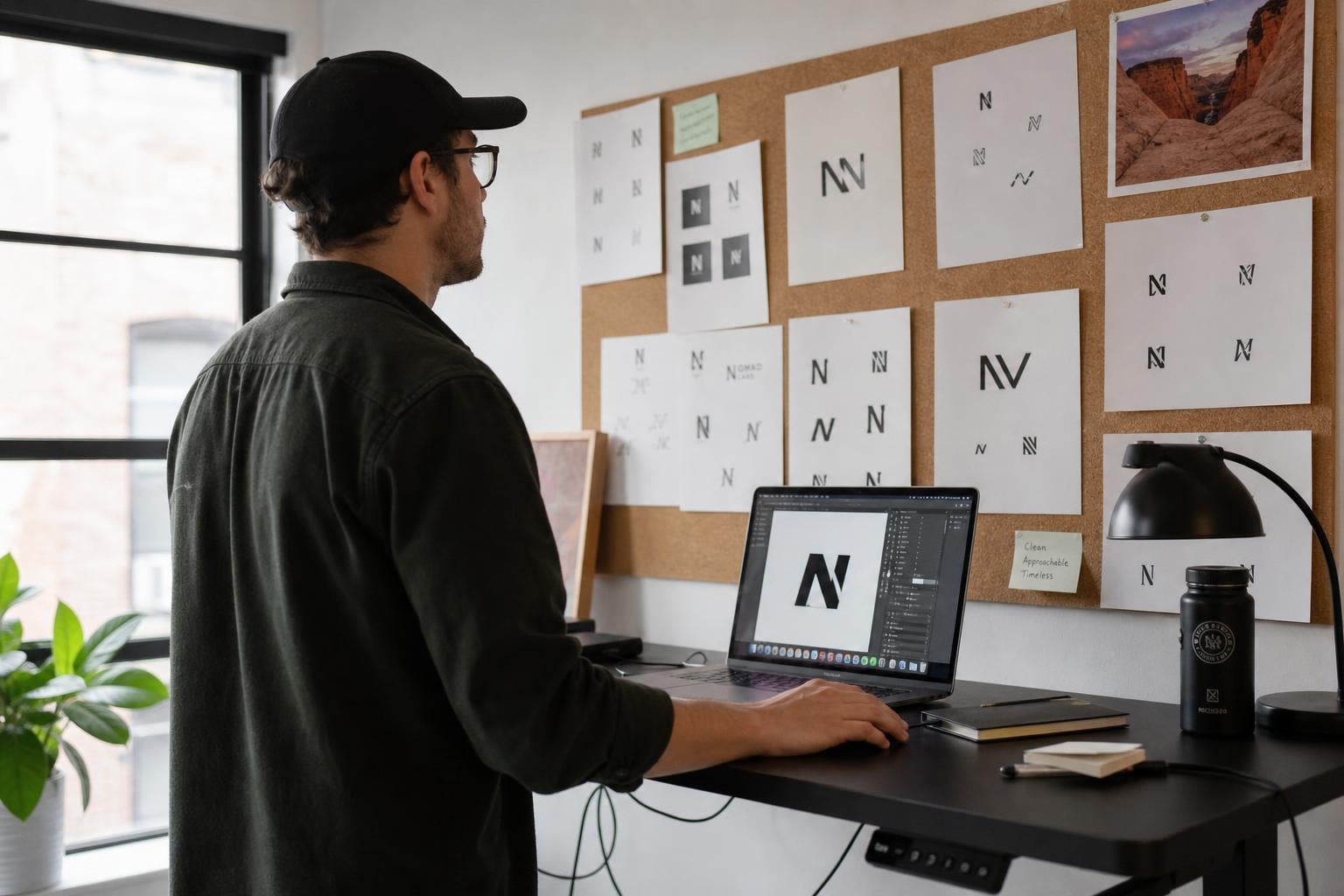 A designer reviewing multiple printed logo concepts pinned to a corkboard next to a laptop running a vector design tool