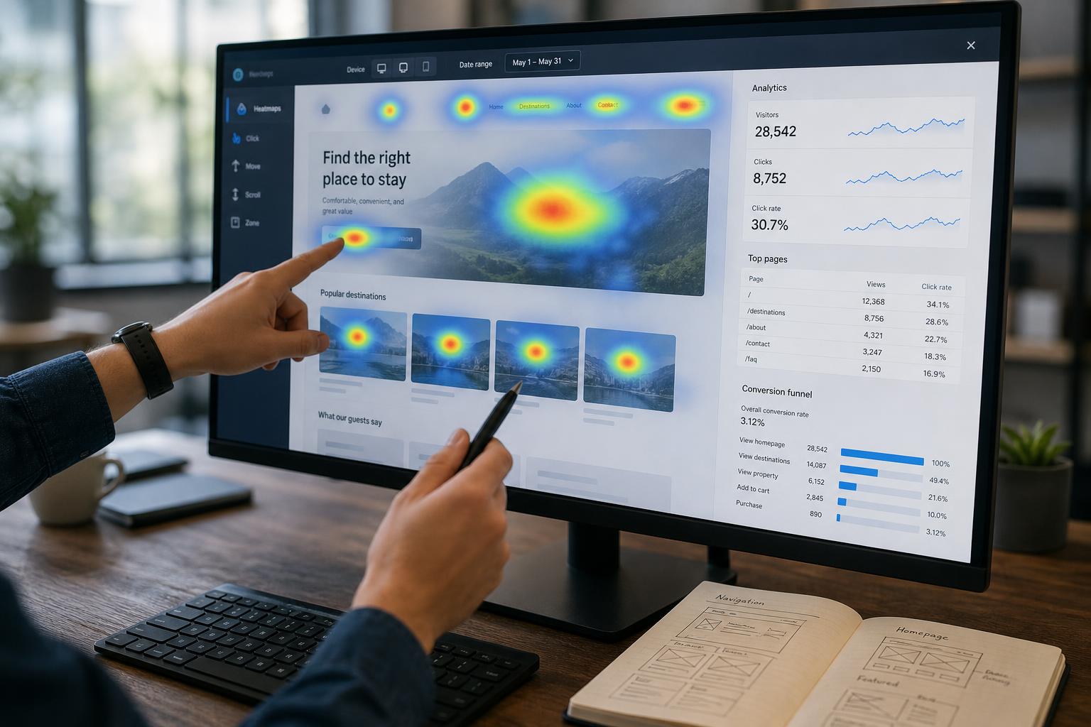 Close-up of a designer's hands pointing at a website heatmap and analytics dashboard on a monitor, with a notebook of sketched navigation wireframes on the desk