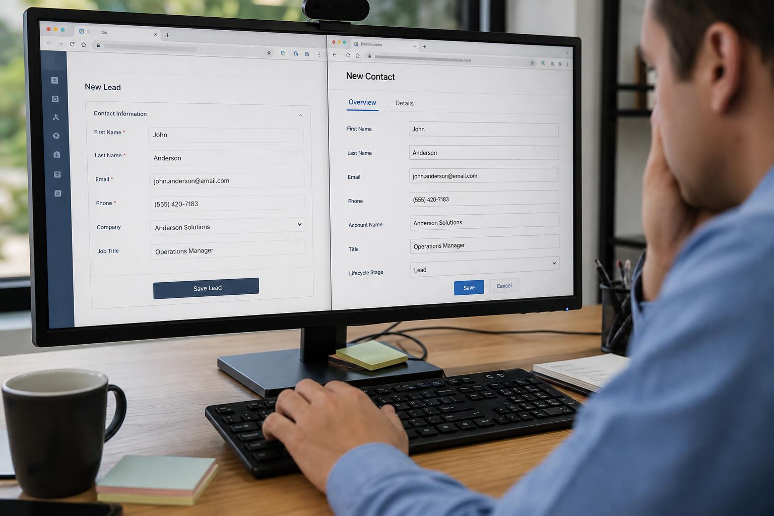 A small business office worker's hands typing the same customer information into two separate screens, one a marketing lead form and one a CRM record