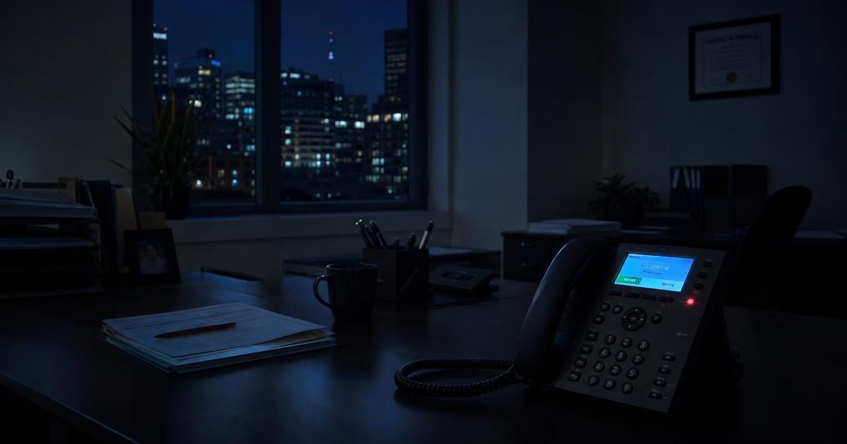 An empty small business office at night, a desk phone lit up mid-ring on an otherwise dark desk, city lights visible through the window