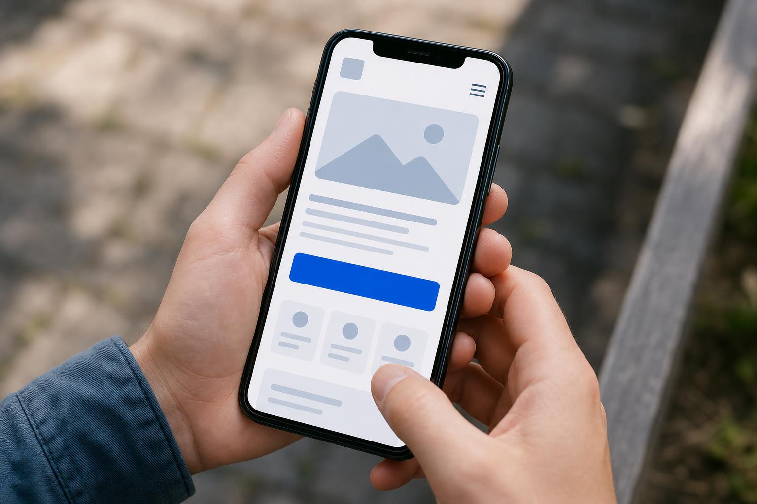 Close-up of hands holding a smartphone displaying a simple, fast-loading mobile website with a large clear call-to-action button