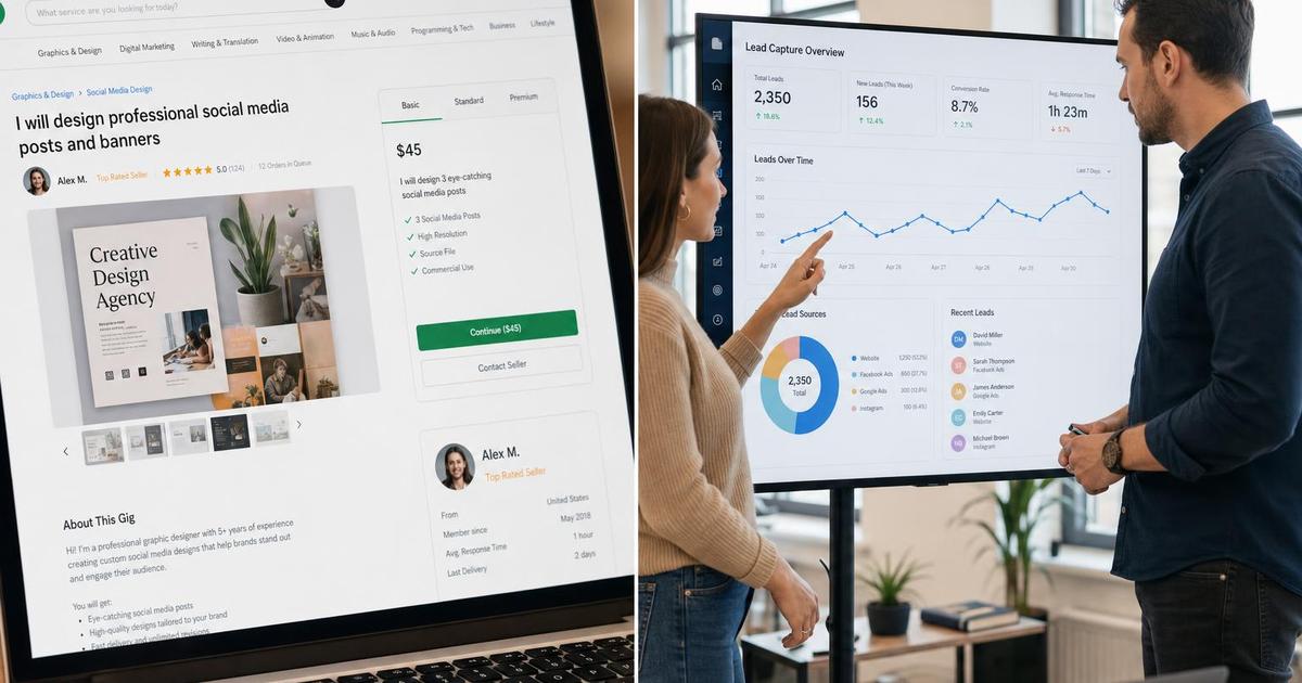 A split-screen image contrasting a laptop showing a generic freelance marketplace gig listing with a small business owner and a marketing team member reviewing a lead-capture dashboard together