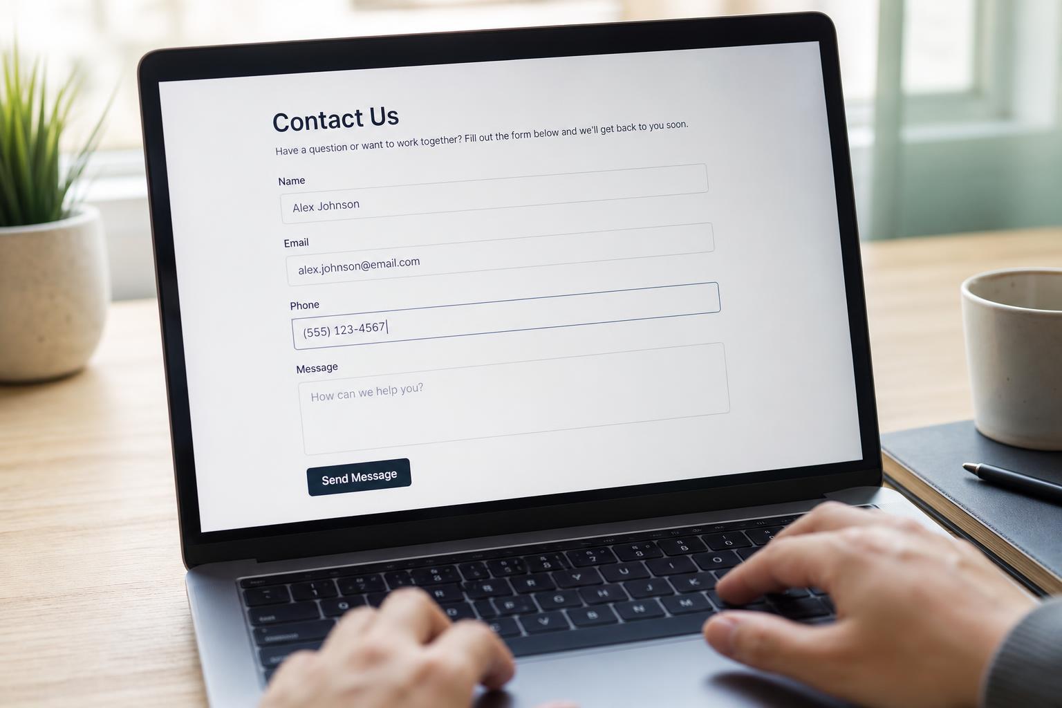 A laptop screen showing a generic contact form being filled out with plain, undifferentiated fields
