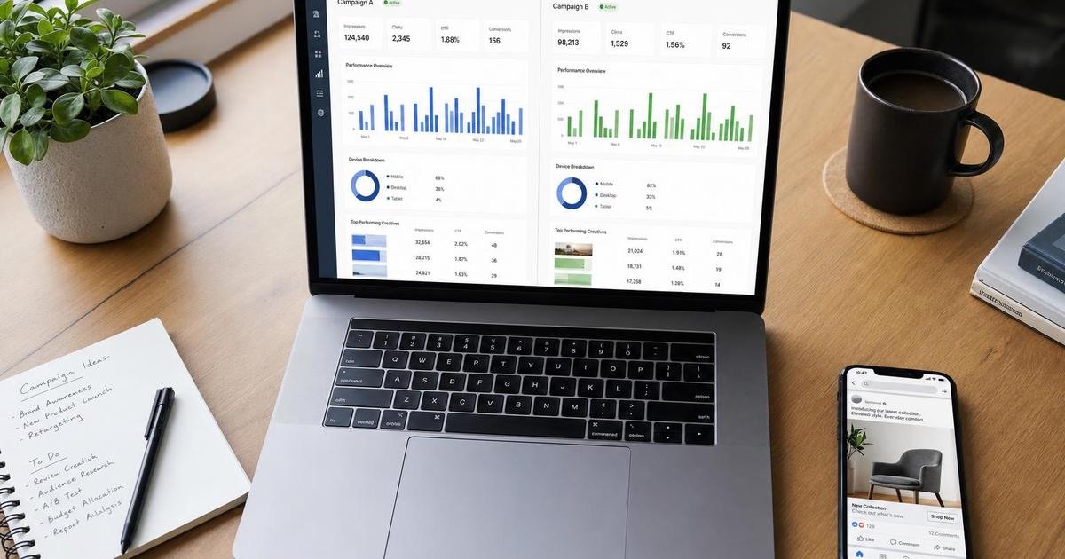 A marketing professional's laptop showing two side-by-side ad campaign dashboards, comparing Google Ads and Meta Ads performance