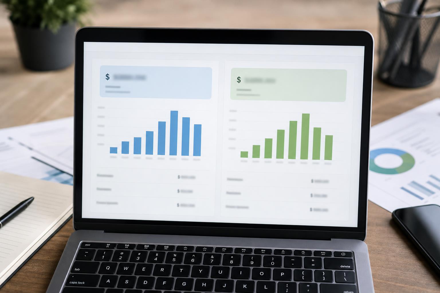 A laptop screen showing side-by-side Google Ads and Meta Ads dashboards with cost-per-lead figures, on an office desk