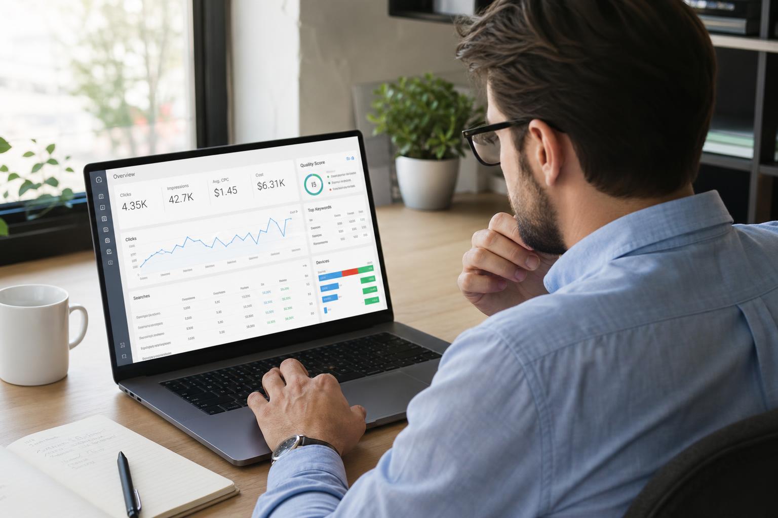 A small business marketer reviewing a Google Ads performance dashboard showing cost-per-click and quality metrics on a laptop
