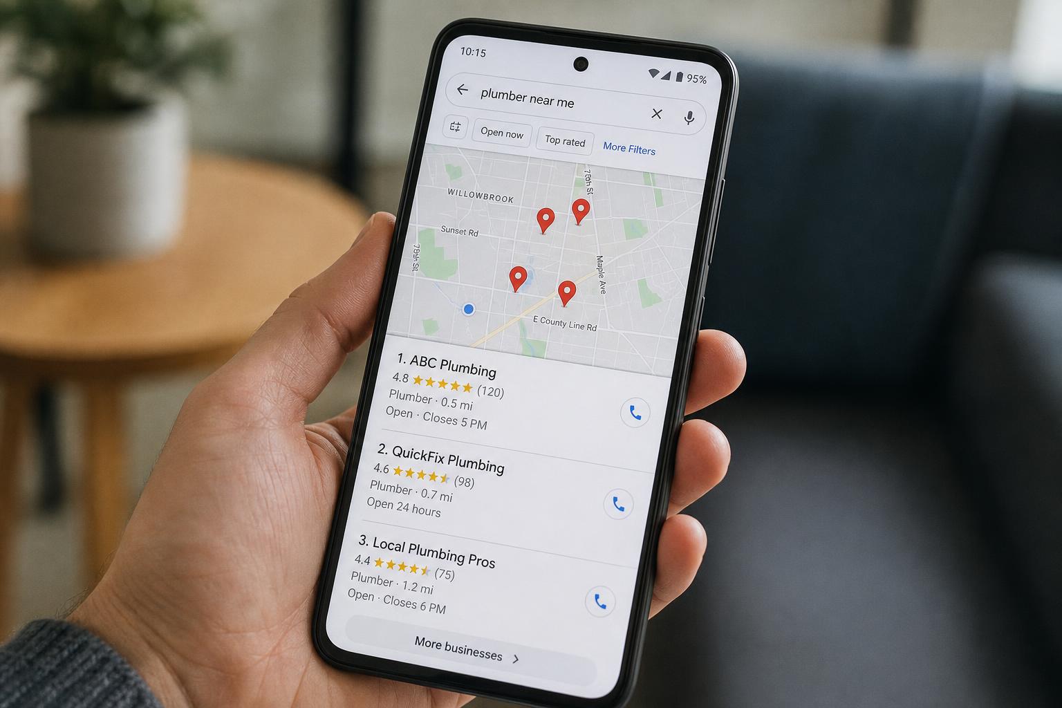 A hand holding a smartphone showing a local map search results screen with location pins clustered on a street map