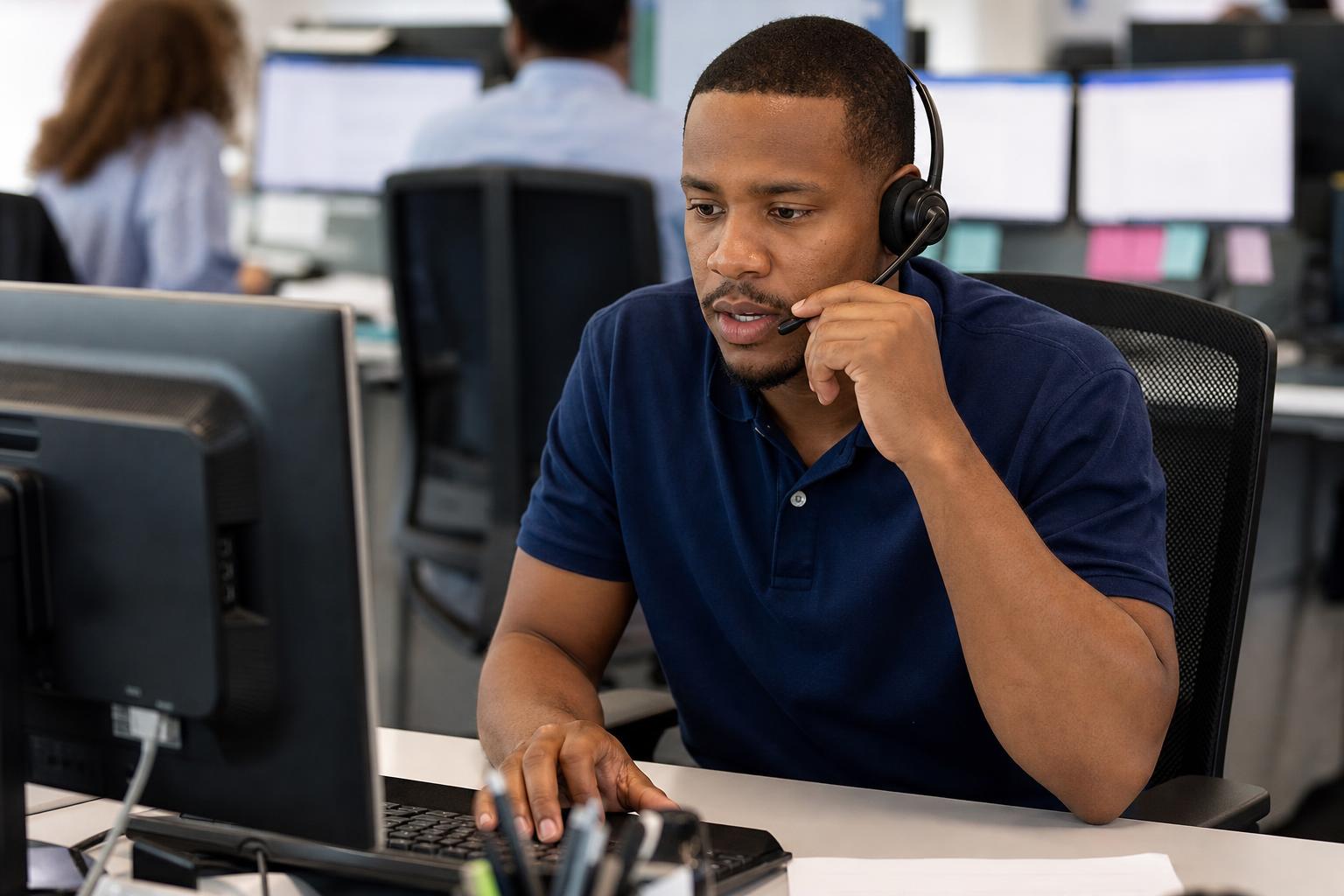 A customer service professional wearing a headset, taking over a phone call during a complex conversation