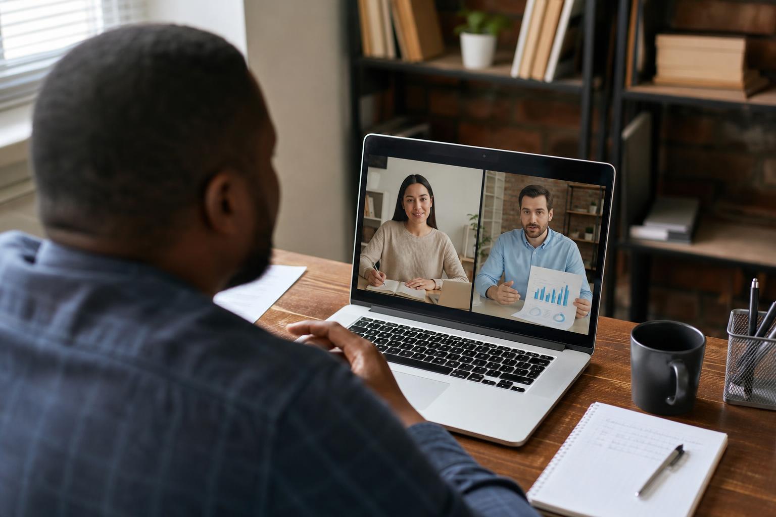 A small business owner in an office on a video call with two panels open, one showing a part-time in-house marketing coordinator and the other a specialist reviewing a campaign performance chart