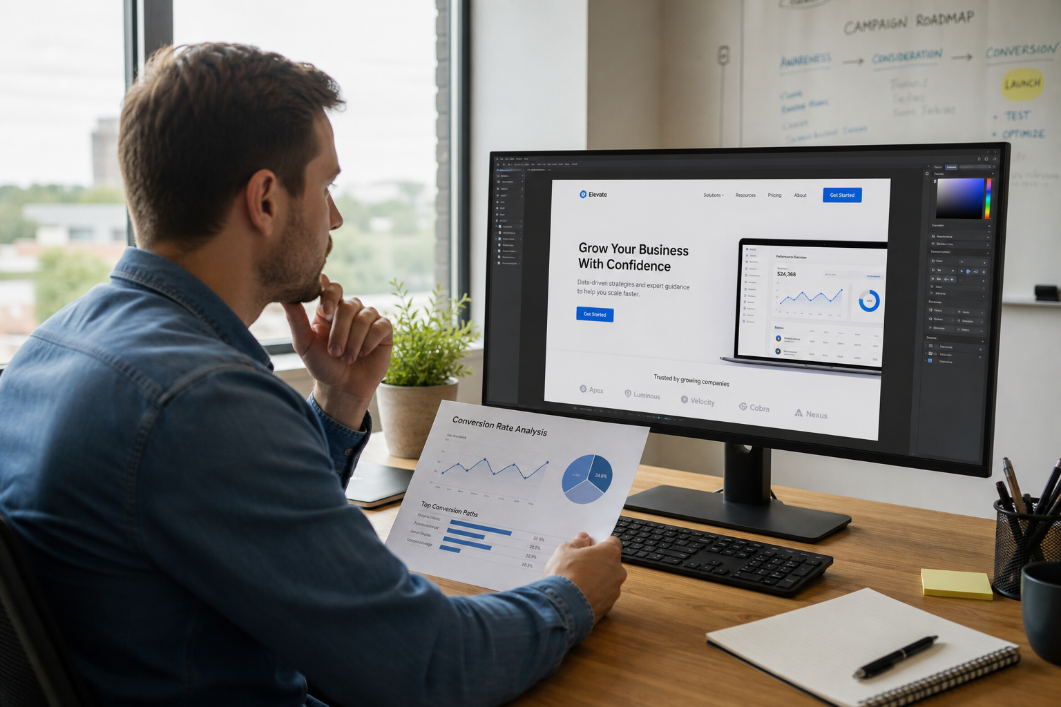 A marketer reviewing a landing page design mockup on a monitor next to a printed conversion-rate analytics chart