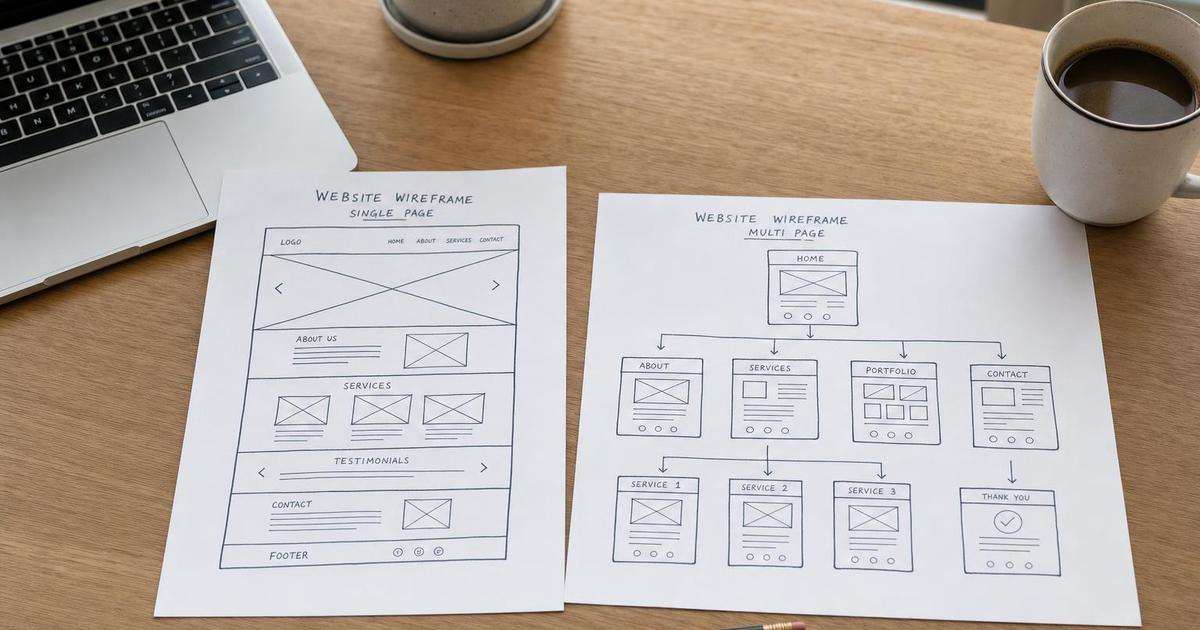 Two printed website wireframe sketches side by side on a designer's desk, one a single-page layout and one a multi-page sitemap