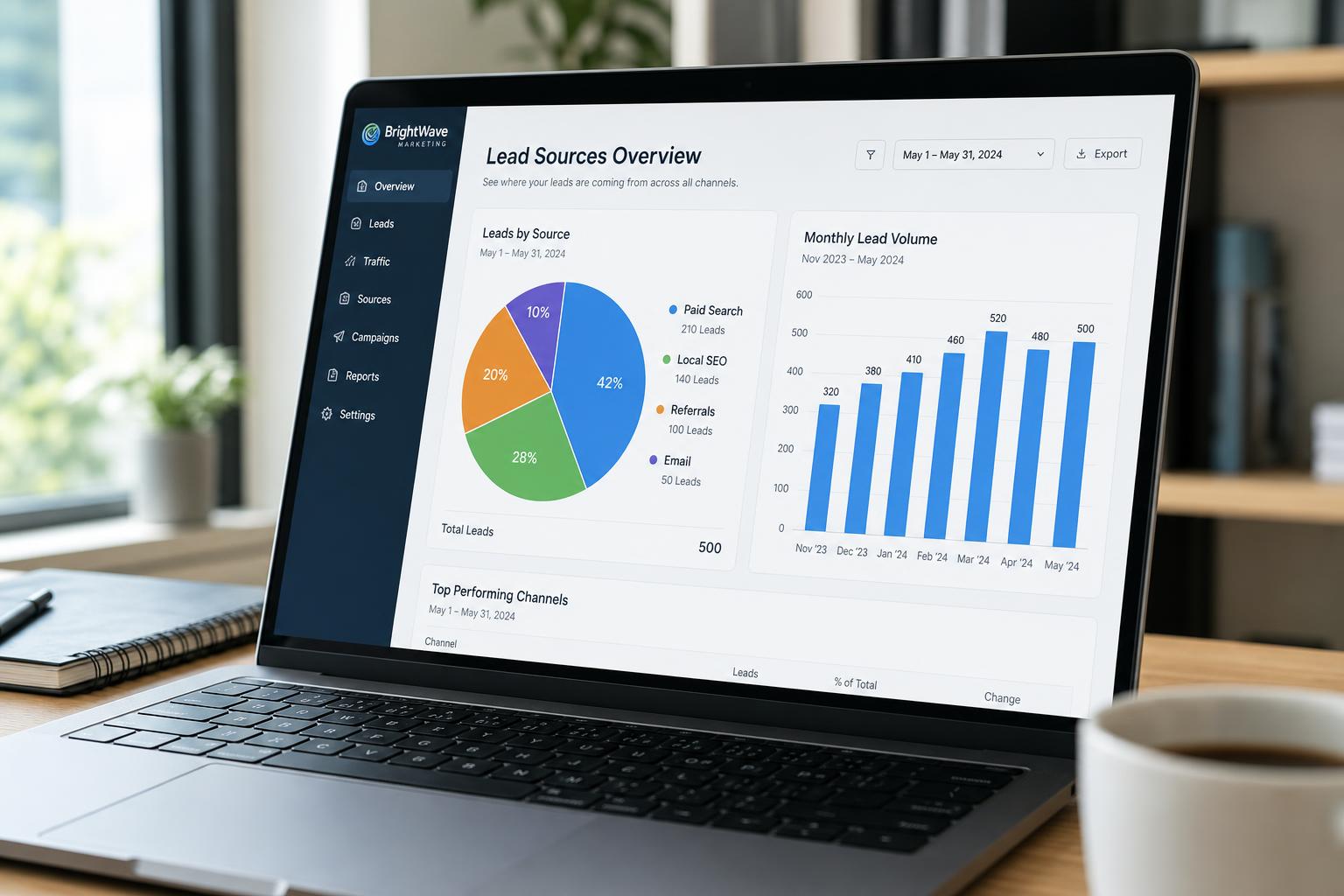 Marketing analytics dashboard showing pie charts of lead source performance