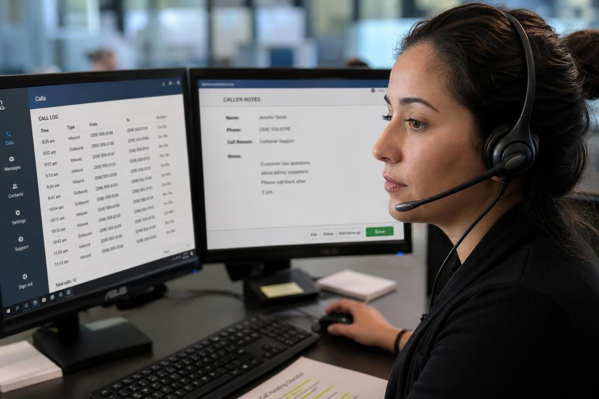 A live answering service operator wearing a headset at a call-center workstation with dual monitors showing a call log and caller notes