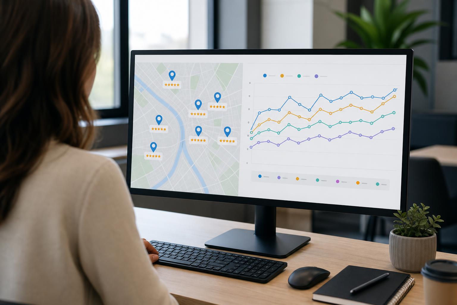 A marketing specialist at a desktop monitor reviewing a dashboard split between local map pins with star ratings and a search ranking trend chart across multiple cities