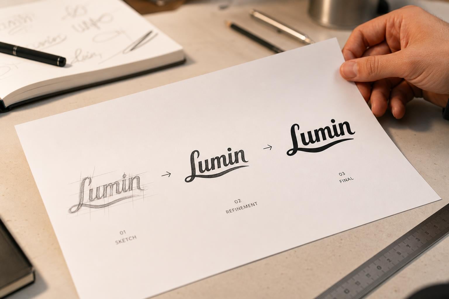 Three iterations of the same logo shown in sequence from rough pencil sketch to refined final design