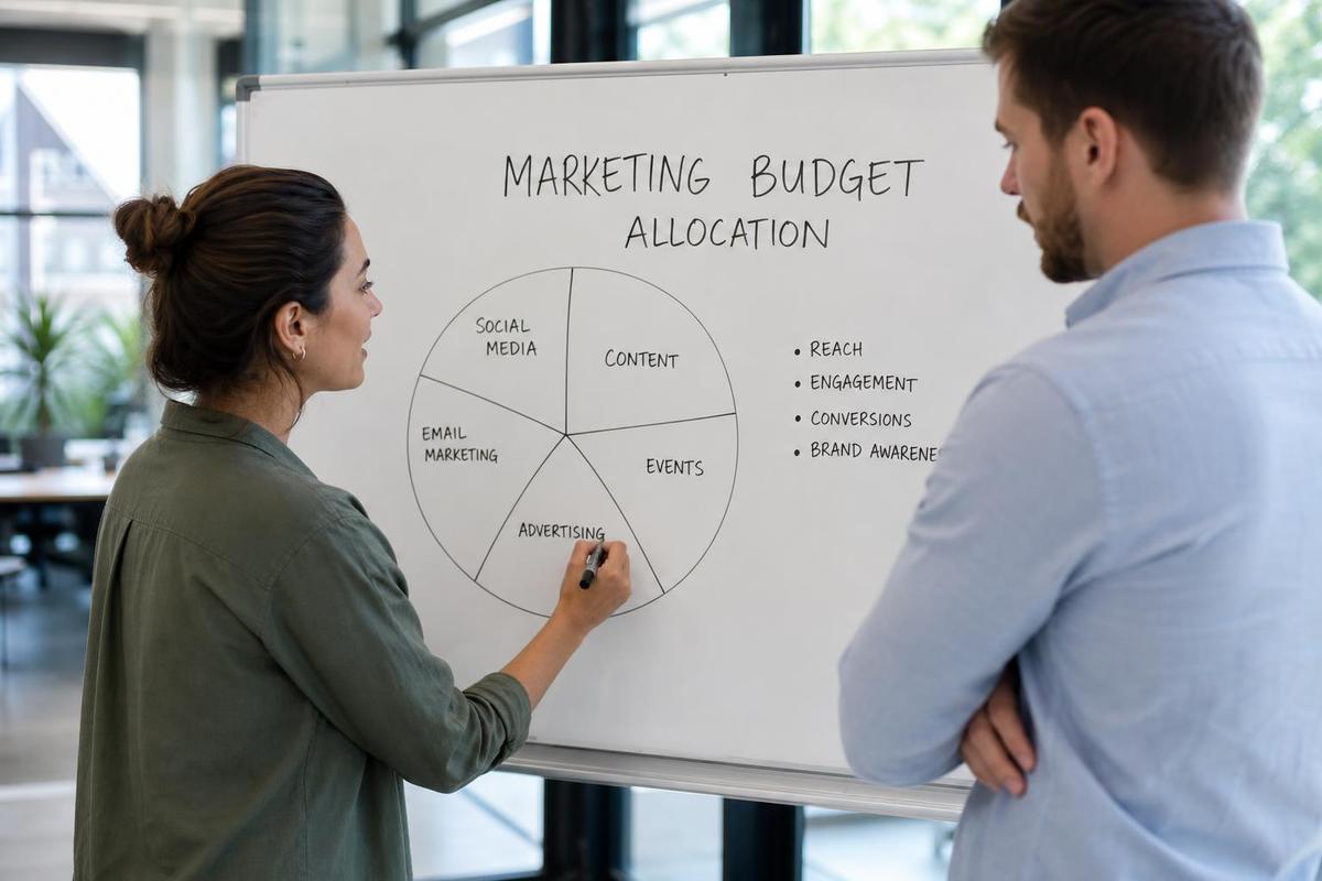 Two colleagues planning a marketing budget allocation on a whiteboard