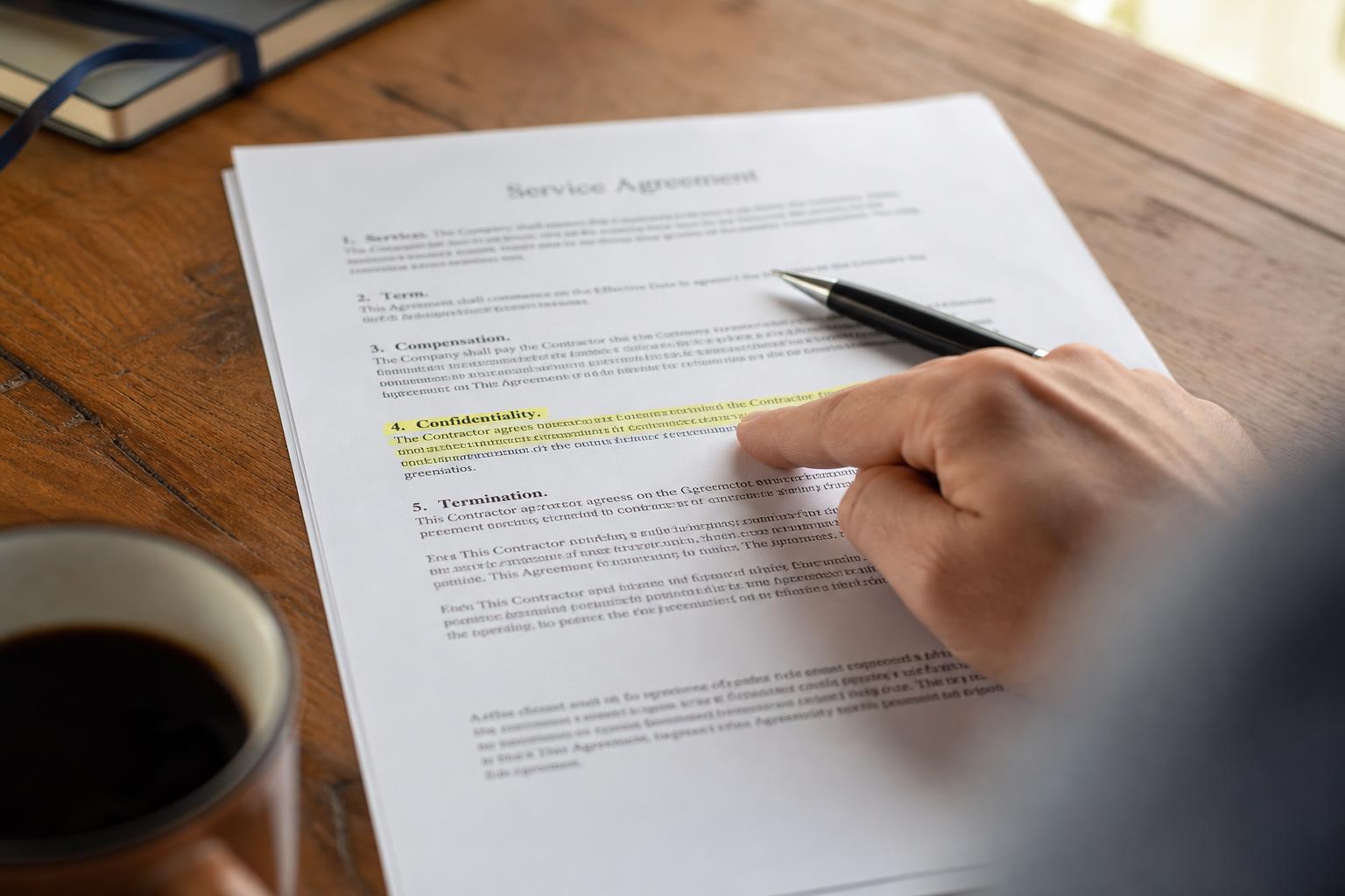 Close-up of a printed marketing contract with a pen resting on it and a hand pointing at a highlighted clause
