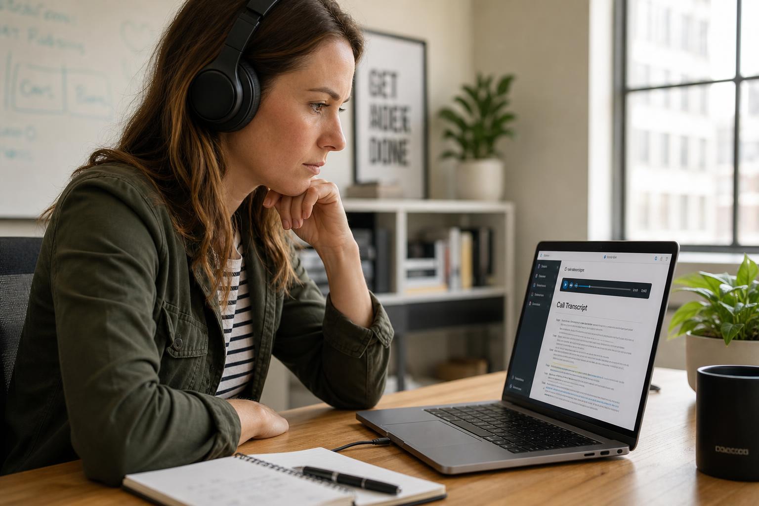 A marketing professional at a desk wearing headphones, listening to a call recording and reviewing a transcript on a laptop screen
