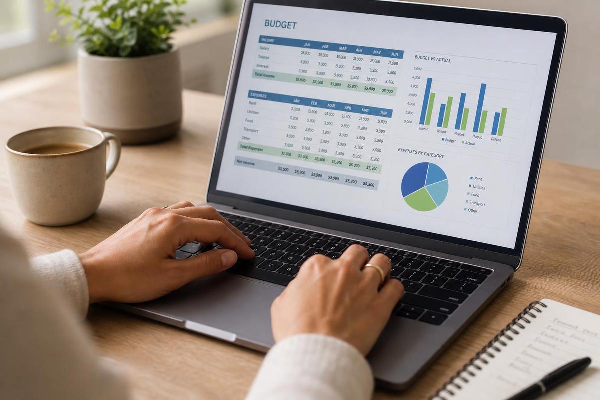 Close-up of a small business owner reviewing a marketing spend spreadsheet on a laptop